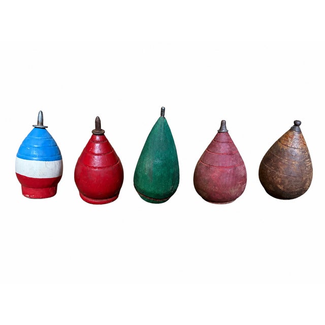 Vintage Japanese Hand-Painted Wooden Spinning Tops With Metal Tips - Set of 5 For Sale - Image 9 of 9