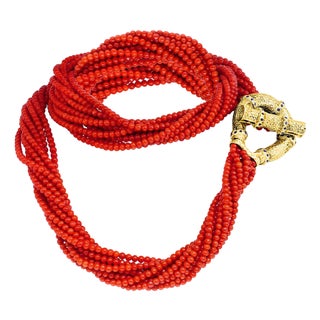 Vintage Natural Coral Multi Layer 10 Strand 920 CT Bead Necklace 18 KY Gold For Sale