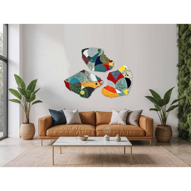 2020s "Listen Softly" by Michael Gustavson, Raku Ceramic Triptych Wall Sculpture, Teal Red and Burgundy Glaze, Contemporary California Art, Vibrant Colors For Sale - Image 5 of 7