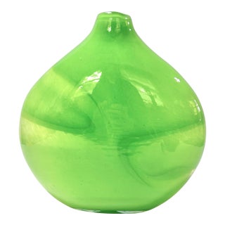 Vintage Lime Green Hand Blown Art Glass Vase – 1970s Modern For Sale