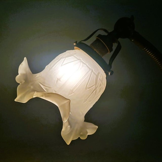 Art Nouveau Flexible Brass Goose Neck and Glass Table Lamp, 1950s For Sale - Image 10 of 13