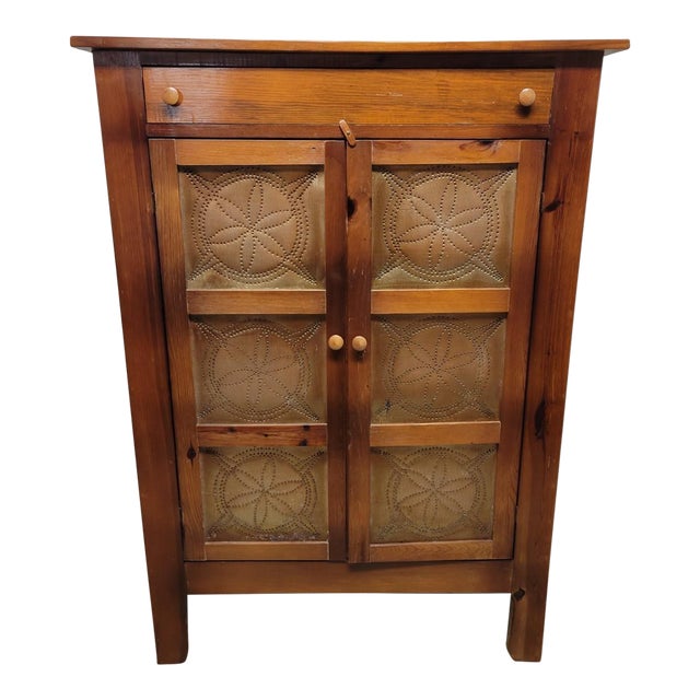 Vintage Country Pine Pie Safe Cabinet With Pierced Metal Panels For Sale