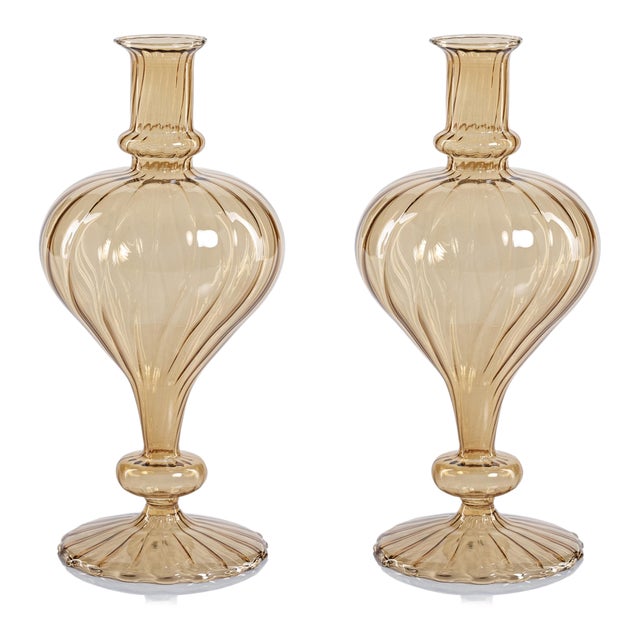 Vellum 2-Piece Set Large Light Amber Spiral Glass Vases, Turnip Shape For Sale