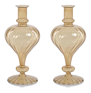 Vellum 2-Piece Set Large Light Amber Spiral Glass Vases, Turnip Shape
