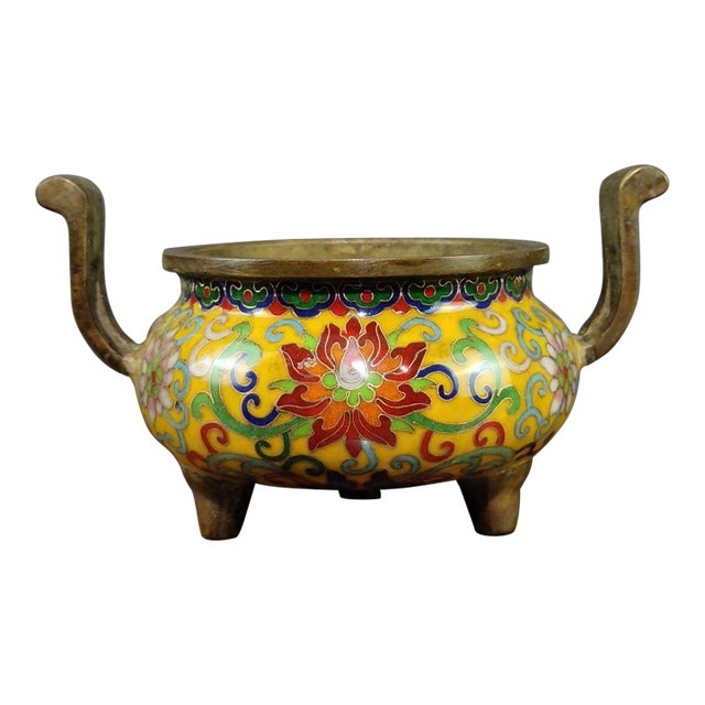 Vintage Yellow Ground Cloisonne Enamel Bronze Censer, Two-Handle Tripod Incense Burner For Sale
