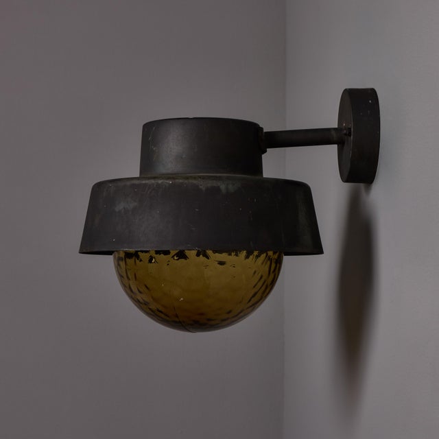 Mid-Century Modern 1970s Patinated Metal and Textured Amber Glass Outdoor Sconce Attributed to Hans Agne Jakobsson For Sale - Image 3 of 17