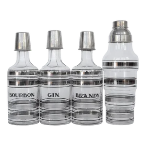 Federal Glass Philco Radiobar Gin Bourbon Brandy Liquor Decanters and Cocktail Shaker, Set of 4