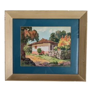1940s Tropical Landscape Watercolor – Framed Vintage Tranquility