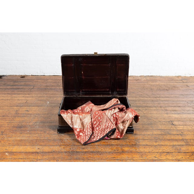 Brown Chinese Qing Dynasty 19th Century Black Lacquer Blanket Chest with Rattan Inlay For Sale - Image 8 of 13