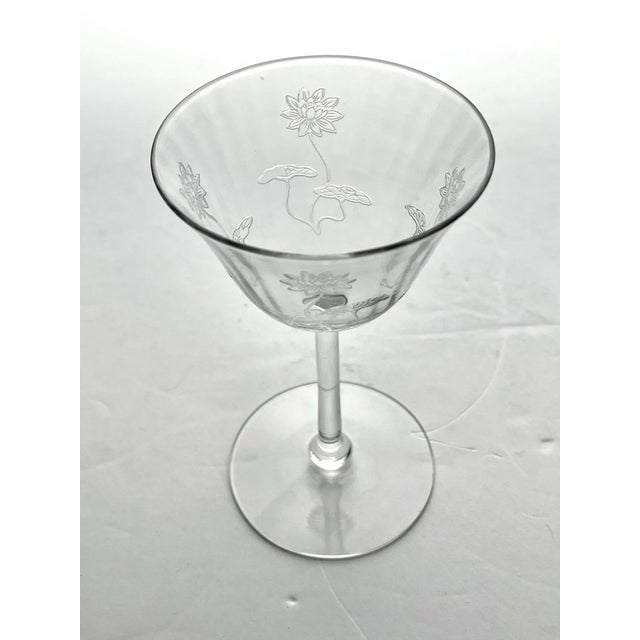 1910s 1910s Antique Fostoria “Lotus” 5 Etched Optic Cordial Wine Glasses For Sale - Image 5 of 5