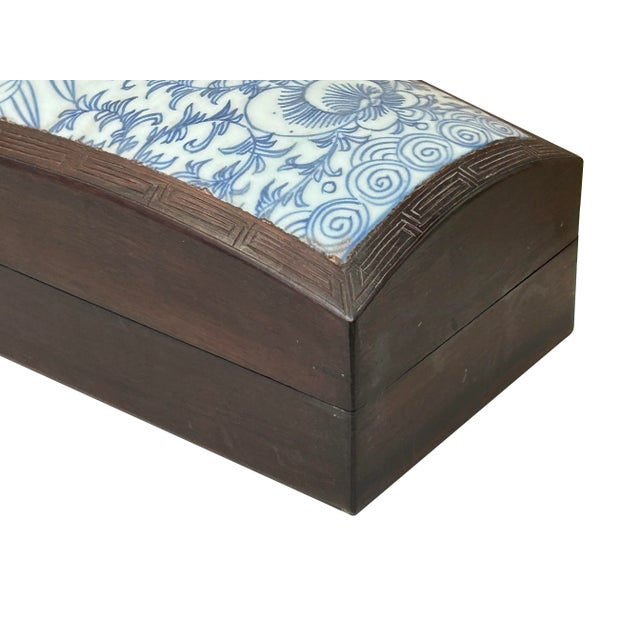 Wood Chinese Old White Base Blue Scroll Flowers Porcelain Brown Wood Box For Sale - Image 7 of 9