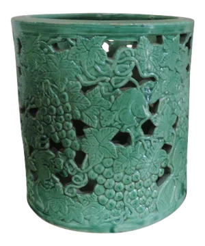 Late 19th or Early 20th Century Qing Chinese Porcelain Monochrome Green Glazed Pierced Side Brush Pot