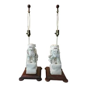 Mid-Century Hollywood Regency Chinese Porcelain Lamps Foo Dogs - a Pair