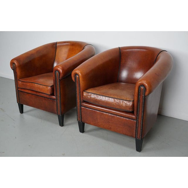 Set of Vintage Dutch Cognac Colored Leather Club Chairs For Sale - Image 6 of 17