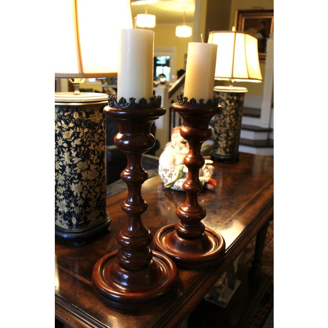 Pair of Large Turned Wood Candlesticks by Theodore Alexander, 17.5" Tall For Sale In Dallas - Image 6 of 8