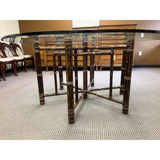 Late 20th Century McGuire Baker Round Glass Top Faux Rattan Base Dining Table.Original Thick Glass Top 3/4”. For Sale - Image 5 of 17