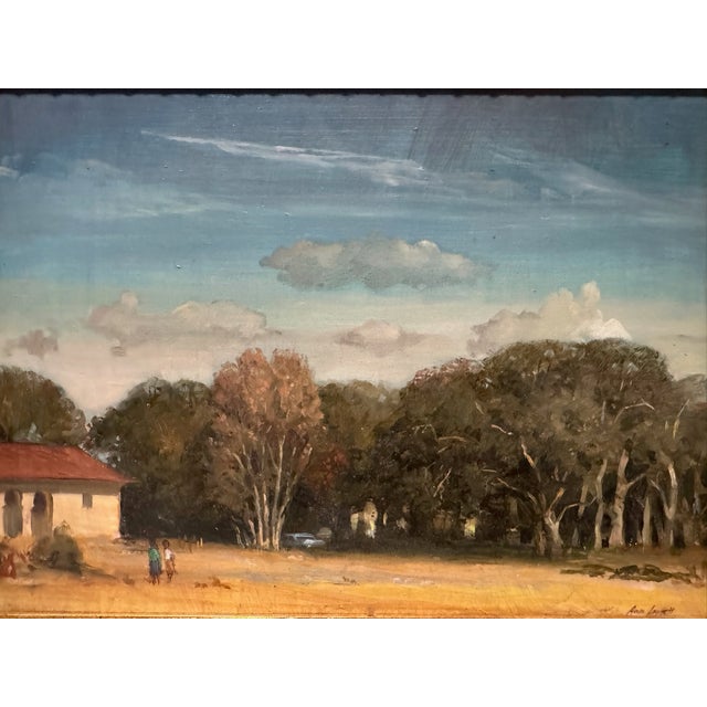 American Late 20th Century Ann Vaughan Leggett Signed Original Landscape Painting Figures Trees Gilt Frame For Sale - Image 3 of 9