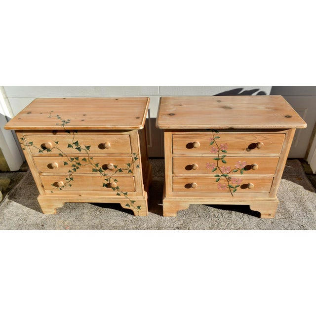 Vintage Pair of Yellow Pine Three Drawer Nightstands/White Washed With Floral For Sale - Image 4 of 13