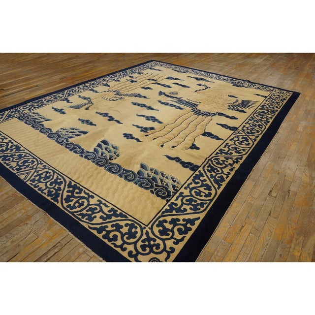 Textile 1890s Beige Field Bird Oriental Antique Chinese Allover Room Size Knotted Rug For Sale - Image 7 of 11