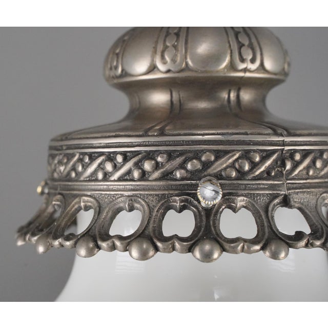 Metal Mid 20th Century Victorian White Glass Nickel Chain Pendant Light For Sale - Image 7 of 11