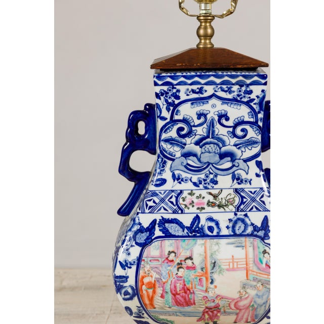 Blue and White Porcelain Table Lamp with Hand-Painted Court Scenes For Sale - Image 9 of 12