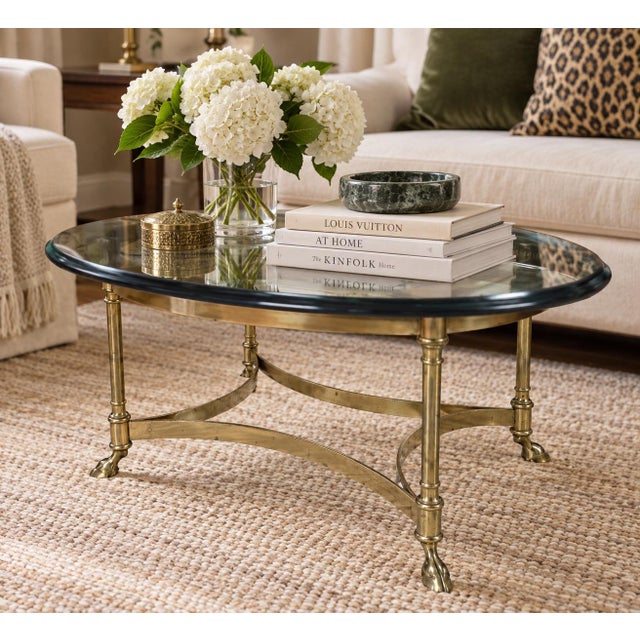 Late 20th Century Vintage Brass & Beveled Glass Oval Coffee Table With Hoof Feet For Sale - Image 5 of 12