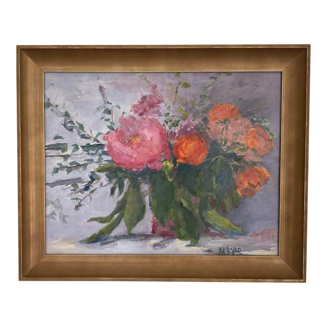 “Peony and Ranunculus” Contemporary Framed Floral Oil on Linen For Sale