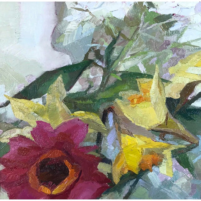 The artwork features a vibrant arrangement of flowers, with rich hues of yellow and deep red creating a dynamic interplay...