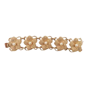 Vintage 1950s Signed Napier Goldtone Faux-Pearl Flower Link Bracelet