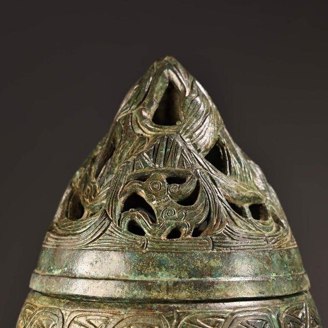 Asian Vintage Bronze Boshan Incense Burner With Turtle & Crane — Han-Style Mountain Censer, 19.7 in Tall, Asian Antique Decor For Sale - Image 3 of 10