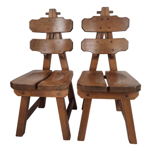 Brutalist Oak Dining Chairs, 1980s, Set of 2 For Sale