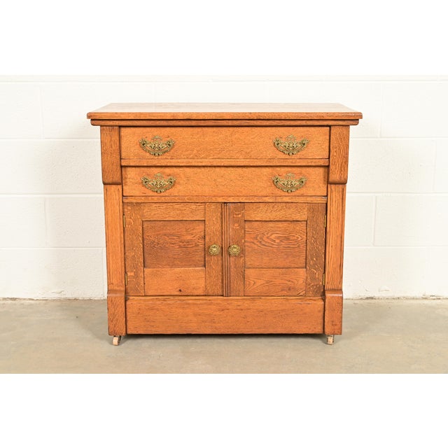 Victorian Antique Victorian Carved Oak Commode or Bar Cabinet, Circa 1890s For Sale - Image 3 of 15