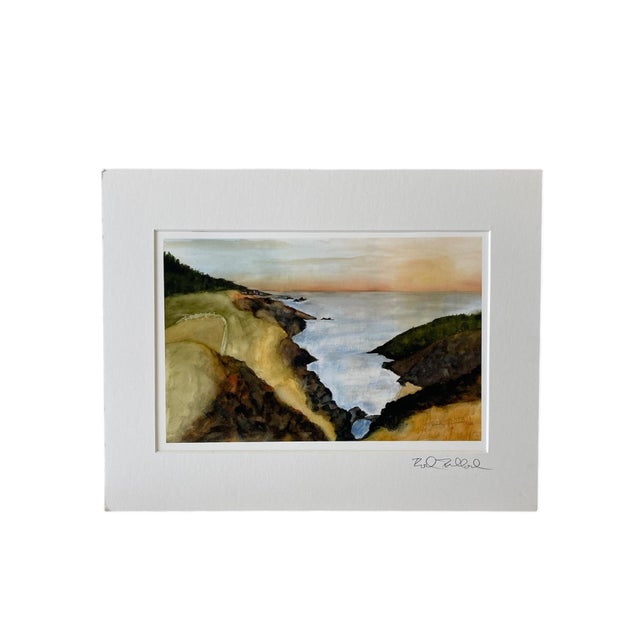 Watercolor print of painting titled "North of Manzanita." This atmospheric coastal scene depicts rugged cliffs descending...