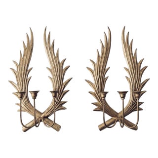 Pair of Gold Gilt Metal Palm Frond 3 Arm Candle Sconces For Sale