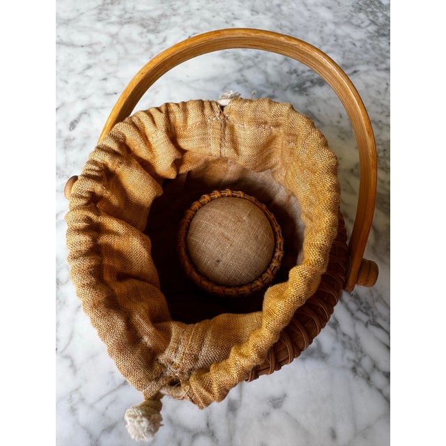 Brown Vintage Nantucket Woven Sewing Basket With Moving Handle, Drawstring Liner & Matching Pin Cushion For Sale - Image 8 of 11