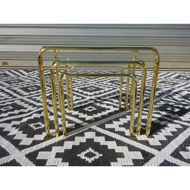 Nesting Tables in Gilt Metal and Tempered Glass, 1990s, Set of 3 For Sale - Image 14 of 18
