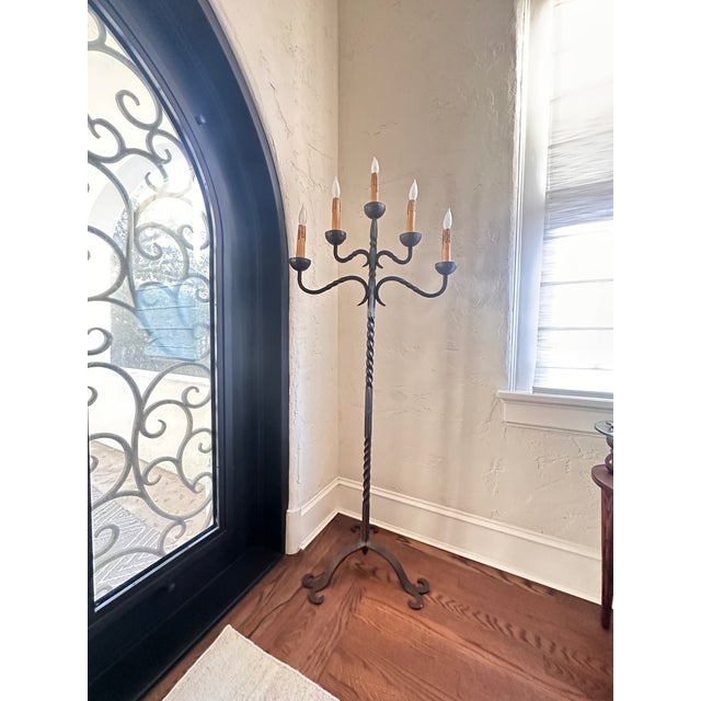 Wrought Iron 19th Century Spanish Electrified Candelabra Floor Lamp