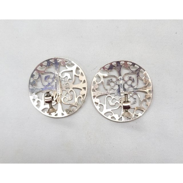 Vintage 1970s Signed Napier Rhodium Plated Round Openwork Clip Earrings - 2 Pieces For Sale - Image 9 of 9