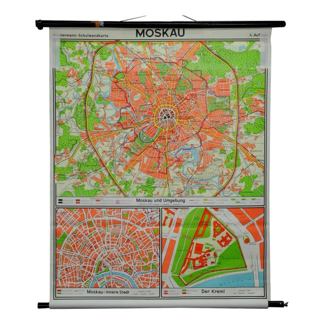 Vintage City Map of Moscow Pull Down Wall Chart For Sale