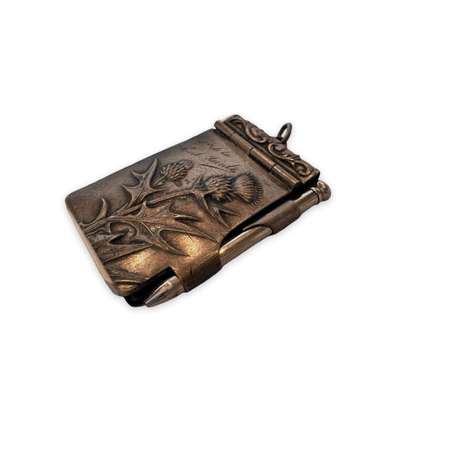 Antique French Silver-Tone Carnet De Notes With Original Pencil, Thistle and Floral Relief For Sale - Image 11 of 11