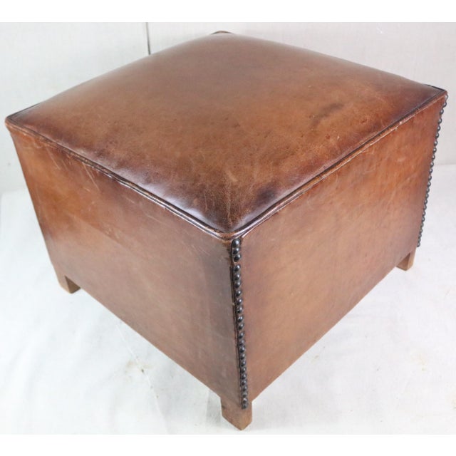 Animal Skin Mid 20th Century French Leather Club Pouf For Sale - Image 7 of 8