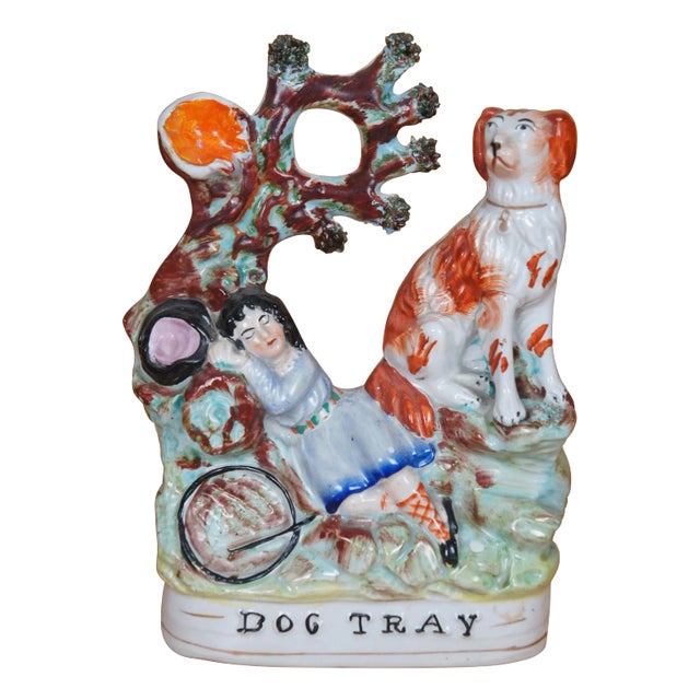 Antique Staffordshire Dog Tray Sleeping Girl Spaniel Flatback Figurine For Sale