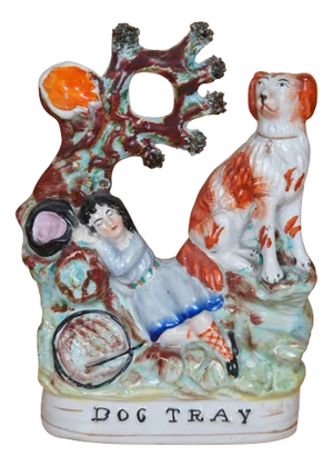 Antique Staffordshire Dog Tray Sleeping Girl Spaniel Flatback Figurine
