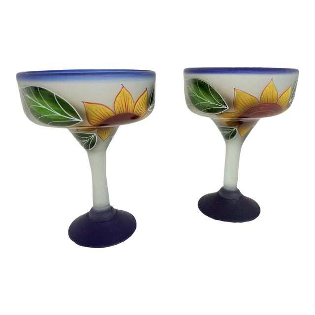 Vintage Mid-Century Modern Mexican Margarita Large Hand Blown/Painted Cobalt Glasses -Set of 2 For Sale