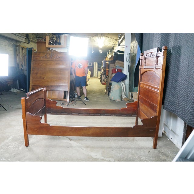 Late 19th Century Antique Victorian Eastlake Walnut Burl Spoon Carved Highback Twin Size Bed For Sale - Image 5 of 18