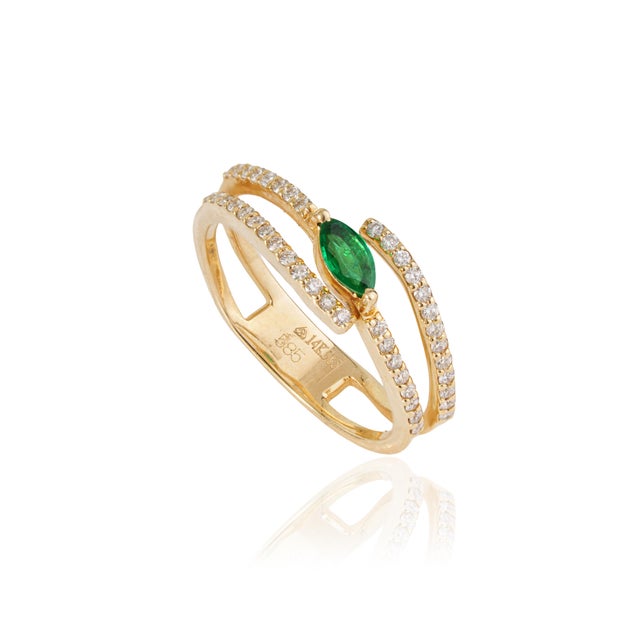 VR Jewels Handmade 14k Yellow Gold Marquise Emerald & Diamond Open Sprial Ring Size 4 For Sale - Image 4 of 18