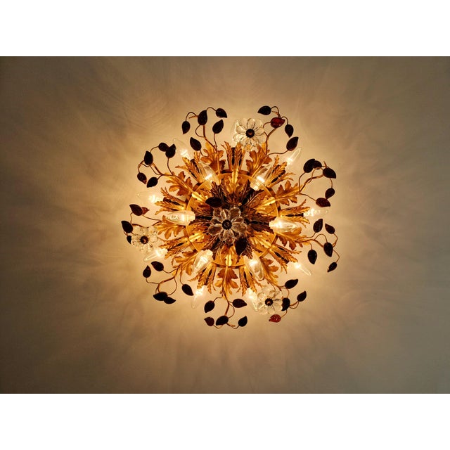 Large Floral Ceiling Light in Brass and Crystal by Banci Firenze, Italy, 1970s For Sale - Image 10 of 14