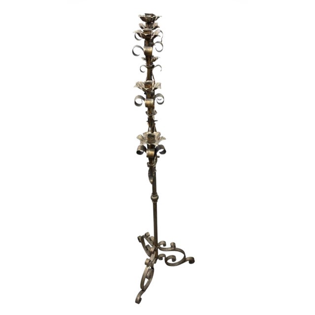 Vintage Florentine Style Gilt Wrought Iron Floor Candelabra For Sale - Image 4 of 12