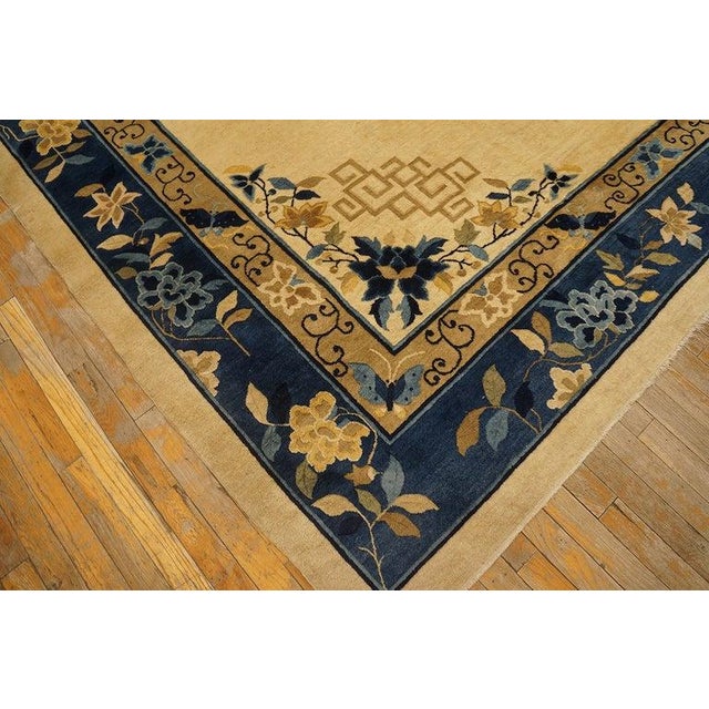 1920s Beige Field Antique Chinese Peking Floral Medallion Oriental Wool Rug For Sale - Image 11 of 11
