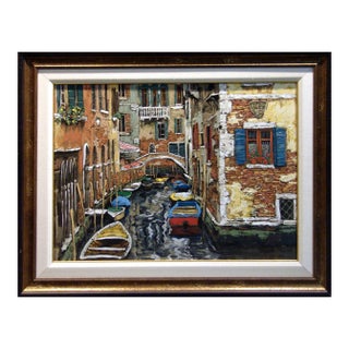 Viktor Shvaiko Boats of Venice Framed Art Signed on Canvas Original Coa For Sale